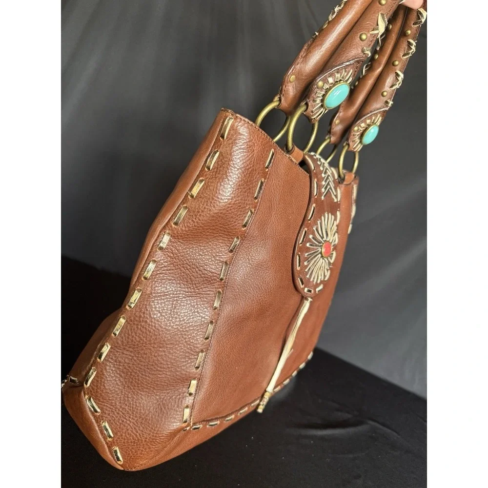 BCB Girls Brown Leather Bag In Western Style With Turquoise
